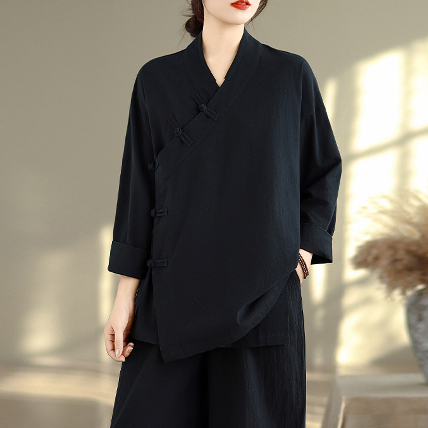 新中式禅意黑色斜襟盘扣上衣女长袖茶服居士服美容院养生馆工作服,女装/女士精品,上衣,淘宝优惠券,粉丝福利购,淘宝优惠卷