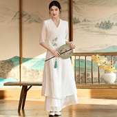 禅意新中式 交领刺绣连衣裙女夏气质茶艺师工作服采耳美容养生套装