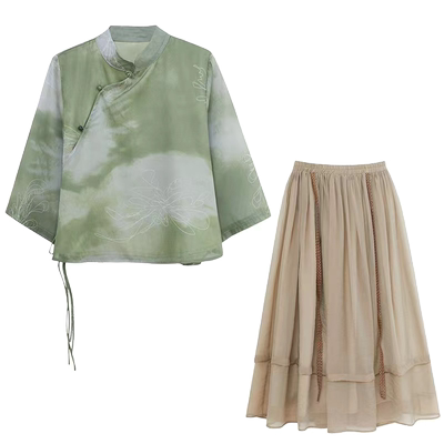 国风绿色倒大袖旗袍上衣女短款