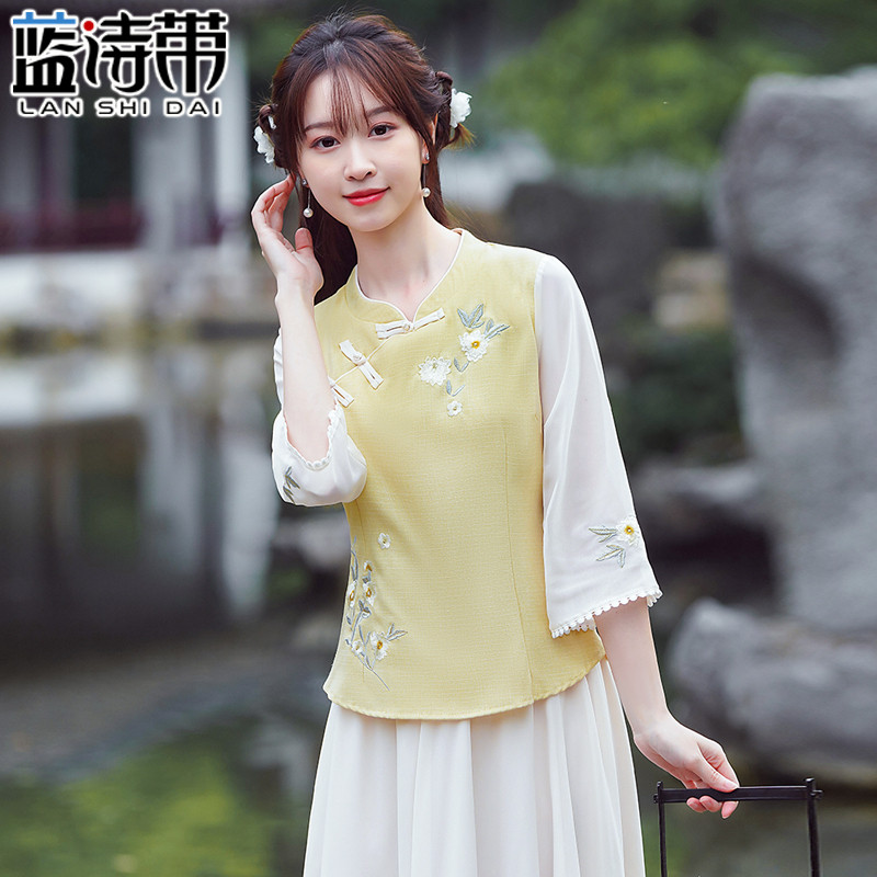 民国风复古采耳师改良汉服女中国风夏刺绣采耳旗袍上衣茶艺师服装