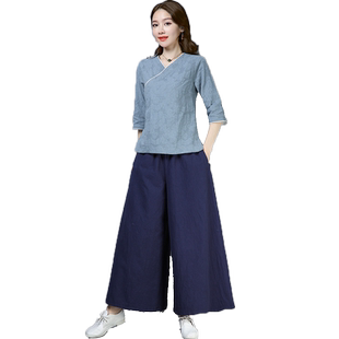 佛系茶道茶服女禅意茶艺师居士服装夏复古文艺中国风棉麻套装禅修
