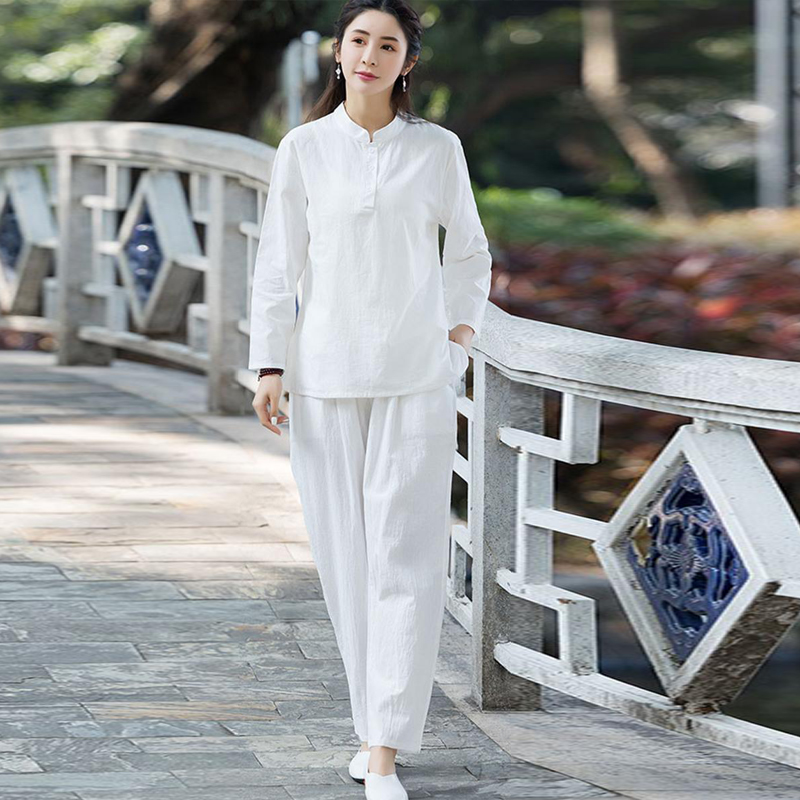 中国风女装白色佛系禅修棉麻大码禅意套装居士服茶服太极服练功服