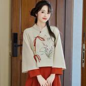 改良旗袍复古禅意茶艺师上衣小个子秋冬新中式 国风麂皮绒刺绣套装