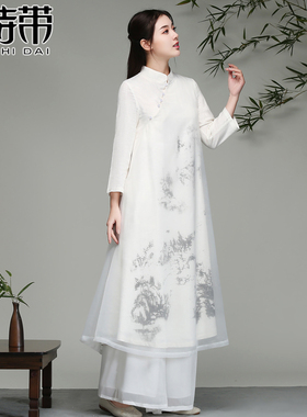 中式雪纺舞韵瑜伽服禅服女中国风连衣裙套装白色衣服飘逸仙气春夏