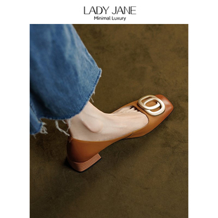 时尚 女中跟女鞋 方头粗跟女鞋 子 鞋 法式 简女郎 复古格纹一脚蹬单鞋