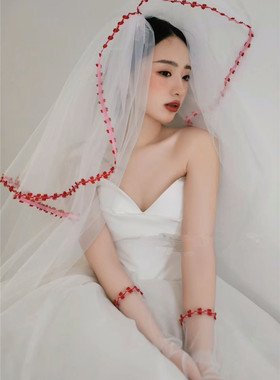 新款多巴胺红色花边领证订婚头纱头饰新娘化妆头饰森系样片配饰