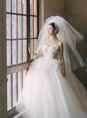 新款新娘抓纱蓬蓬头纱头饰森系结婚拍照写真配饰影楼