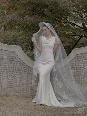 新款新娘头纱主婚纱蕾丝超仙森系长款复古硬纱头纱摄影拍照 头饰