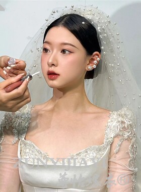 新款高档珍珠新娘结婚头纱纱头饰超仙森系网红拍照道具主婚纱