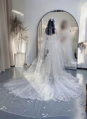 新娘头纱主婚纱森系重工珍珠蕾丝奢华超长款拖尾软纱头纱鱼尾婚纱