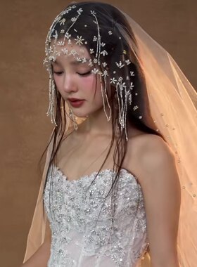 新娘结婚婚纱头纱流苏手工钉珠复古长款摄影拍照道具样片头饰