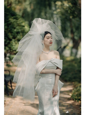 领证头纱新娘摄影拍照旅拍三层长款网纱求婚订婚结婚蓬蓬纱出门纱