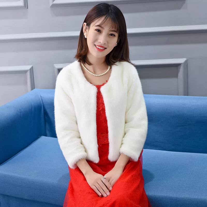 新款新娘婚纱毛披肩秋冬长袖韩版水貂毛加厚皮草保暖结婚外套白