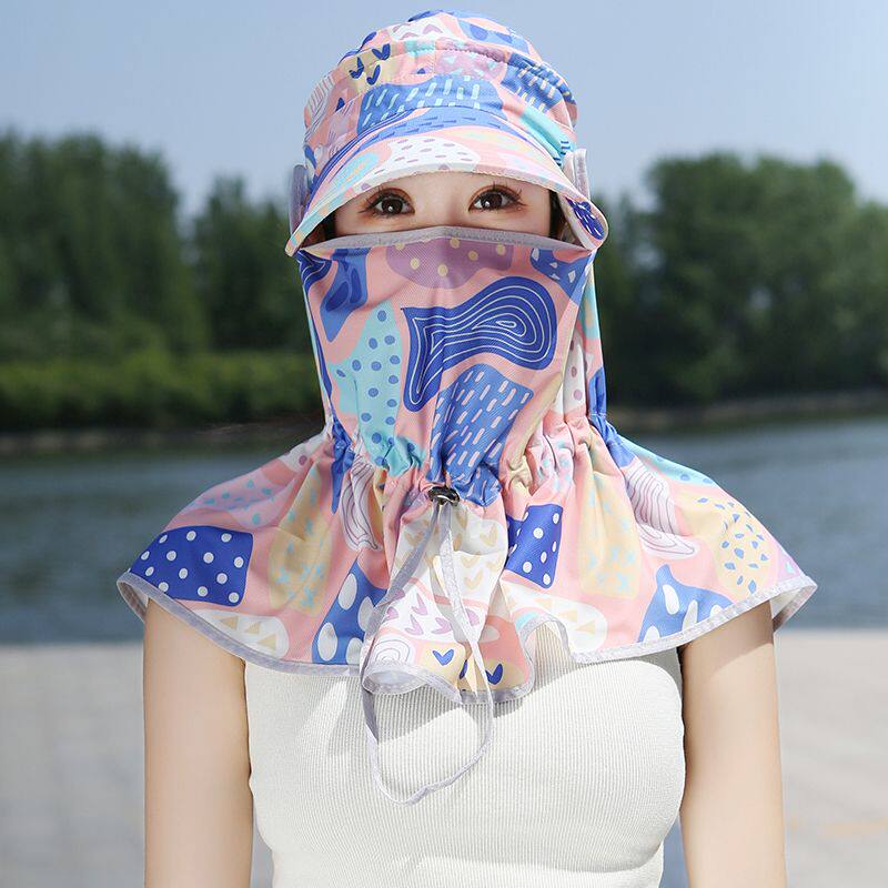 夏季防紫外线太阳帽面罩遮阳帽户外防风百搭遮脸护脖骑车防晒帽女