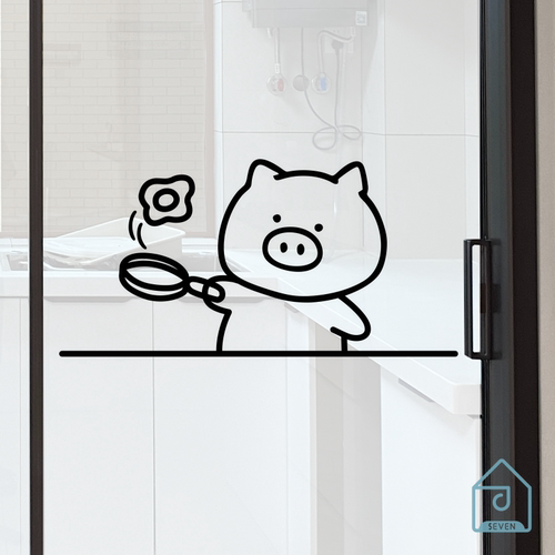 干饭小猪创意贴纸厨房窗户移门玻璃贴纸装饰防撞餐饮店布置墙贴画