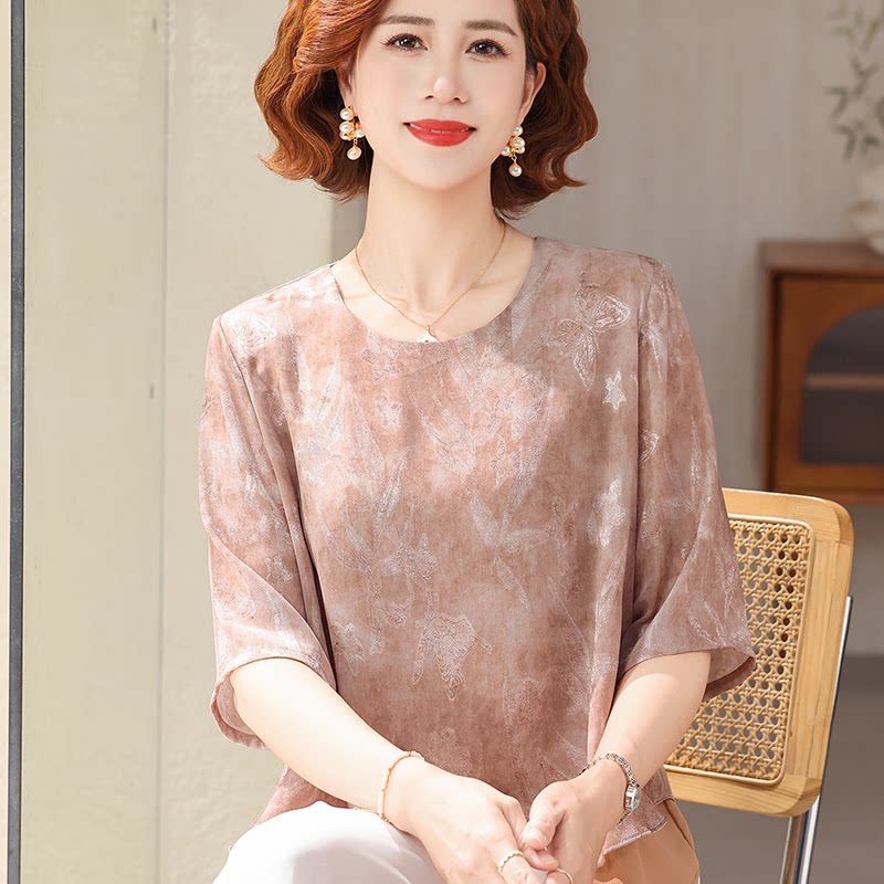 中老年真丝妈妈短袖T恤夏装