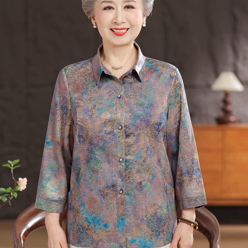 中老年桑蚕丝妈妈七分袖衬衫