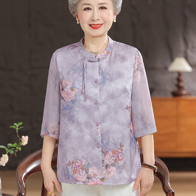 中老年真丝中老年夏装衬衫