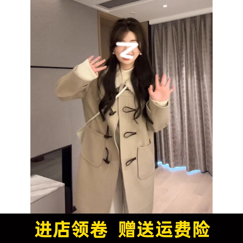 小姐应大码英伦风牛角扣长款毛呢外套女秋冬新款胖mm显瘦保暖大衣