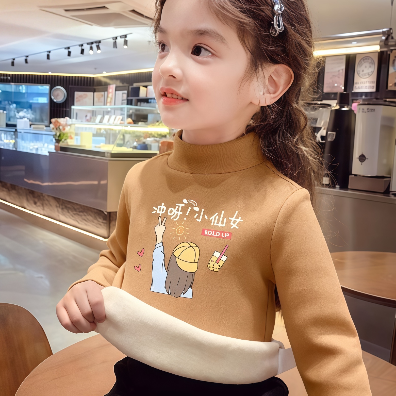 德绒女童简约卡通印花加绒打底衫