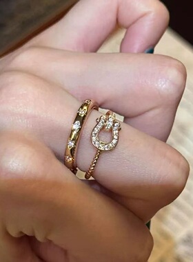 中古叠戴精致千金感金色马蹄扣戒指女小众高级轻奢开口食指戒指环