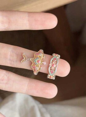 中国风珐琅彩纸鸢戒指女ins小众设计感开口可调节食指戒繁花指环