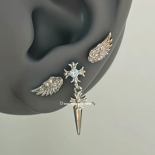 甜酷风蓝色锆石耳钉女小众设计感十字架耳骨钉尖锥吊坠耳环耳饰潮