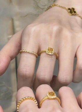 黄水晶戒指女轻奢超闪镶嵌小方糖麻花指环高级感开口可调节食指戒