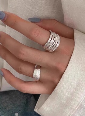 宽边几何线条缠绕戒指女ins小众设计感开口可调节指环个性食指戒