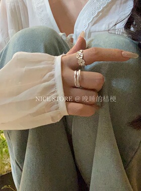 复古戒指女ins小众设计感褶皱花朵指环开口可调节食指戒精致手饰