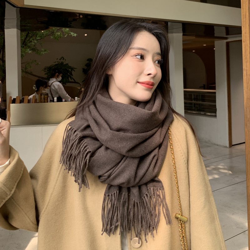 秋冬新品加厚保暖男女款纯色咖啡色围巾披肩两用大超长流苏仿羊绒