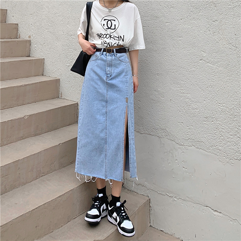 Real shooting real price summer skirt Korean fashion retro hem split denim hip skirt