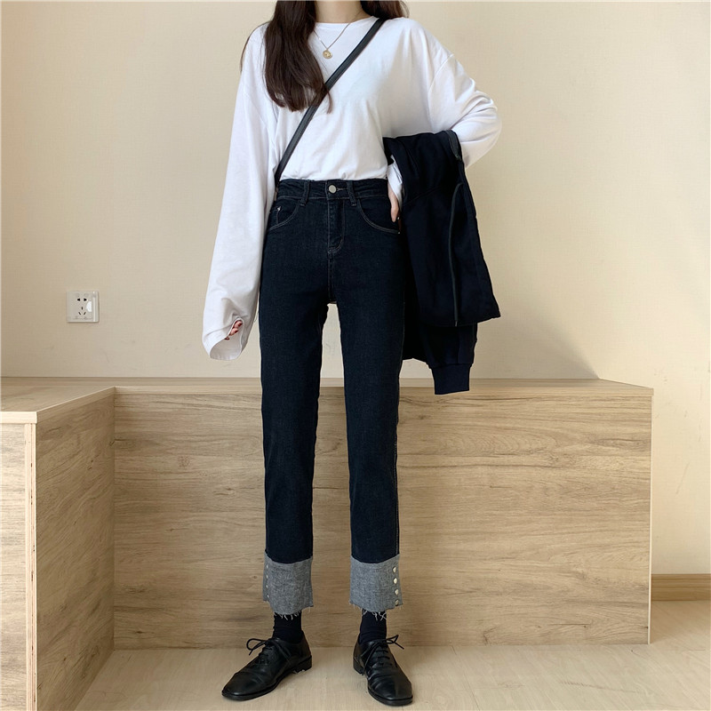 Real price autumn and winter new high waist high thin versatile color matching straight jeans for women