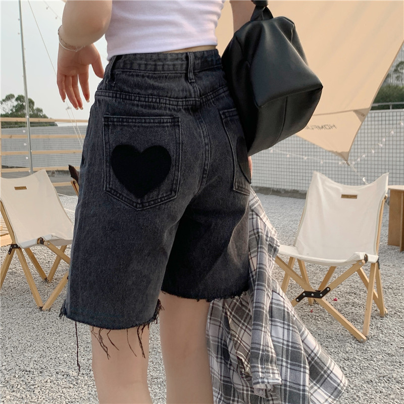 Real price Retro High Waist Hong Kong style wide leg love rough edge Denim Pant
