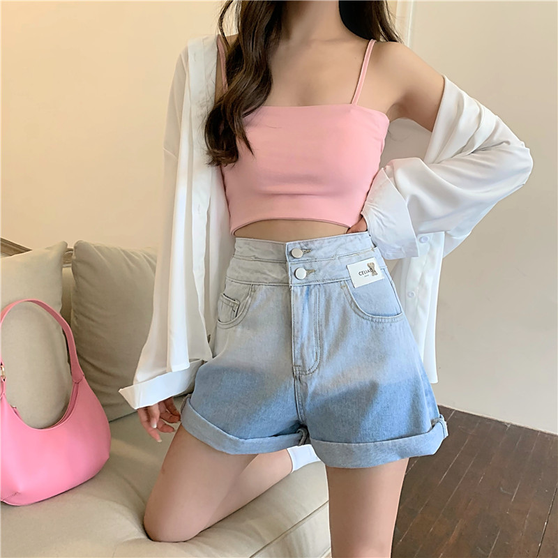 Real price ~ summer high waist loose thin double waist curl gradient denim shorts