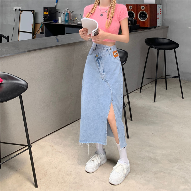 Real price ~ high waist irregular oblique buckle bag buttocks show thin split denim skirt