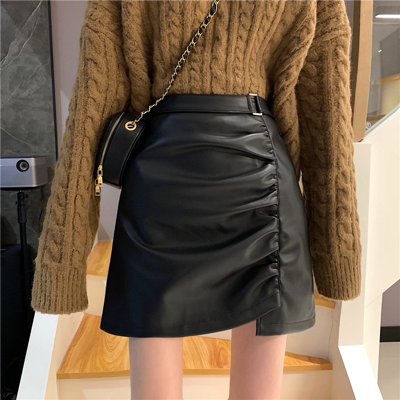 Real price autumn and winter show thin irregular short skirt high waist leather skirt women's versatile A-line skirt