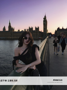 Xinlei Lin  复古胶囊 千金感飘带中古小香斜肩上衣短袖T恤女上衣