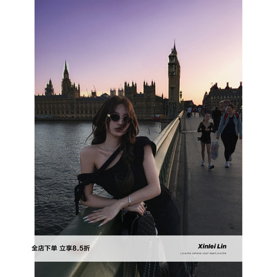 XinleiLin双色斜肩飘带短袖T恤