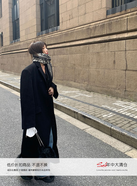 Xinlei lin blcg经典街头感黑色廓形长款毛呢大衣外套