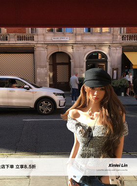 Xinlei Lin“白茶千金“山茶花蝴蝶结一字肩合体收腰小香上衣