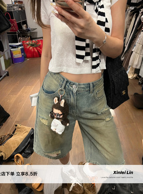 Xinlei Lin“英区Boyish”破洞泥染宽松直筒水洗牛仔中裤七分裤