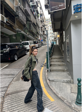 Xinlei Lin 复古摩登 美式做旧深蓝水洗直筒牛仔裤