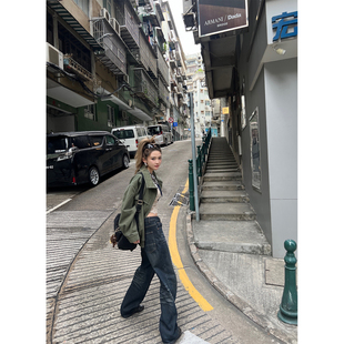 Xinlei Lin 复古摩登 美式做旧深蓝水洗直筒牛仔裤