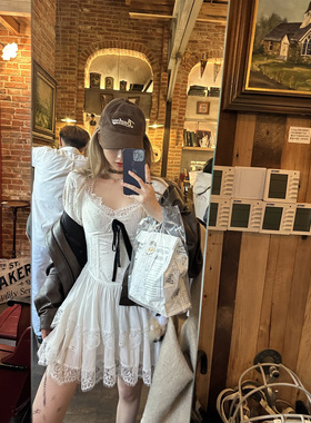 Xinlei Lin“东方巴洛克”设计感白色蕾丝连衣裙短裙女春夏裙子