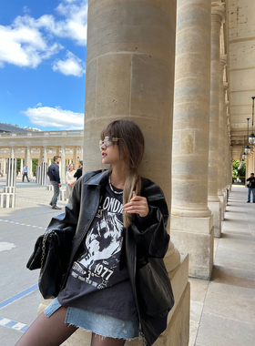 Xinlei Lin 朋克人像印花黑色宽松休闲短袖T恤女春夏上衣