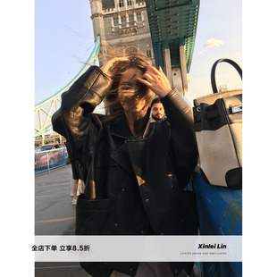 Lin 双排扣廓形皮衣短款 巴斯期刊 L新款 夹克外套 Xinlei