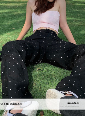 XinleiLin 手工烫钻黑色西装裤直筒宽松显瘦休闲阔腿裤女高腰垂感