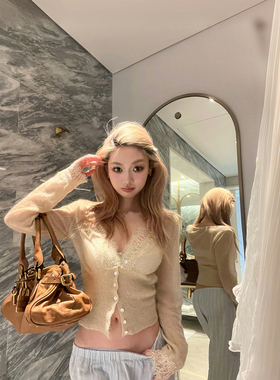 Xinlei Lin 蜜桃甜茶 马海毛羊毛轻薄微透蕾丝修身毛衫上衣