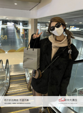Xinlei lin 比伯同款千金感黑色兔毛长毛西装毛呢外套